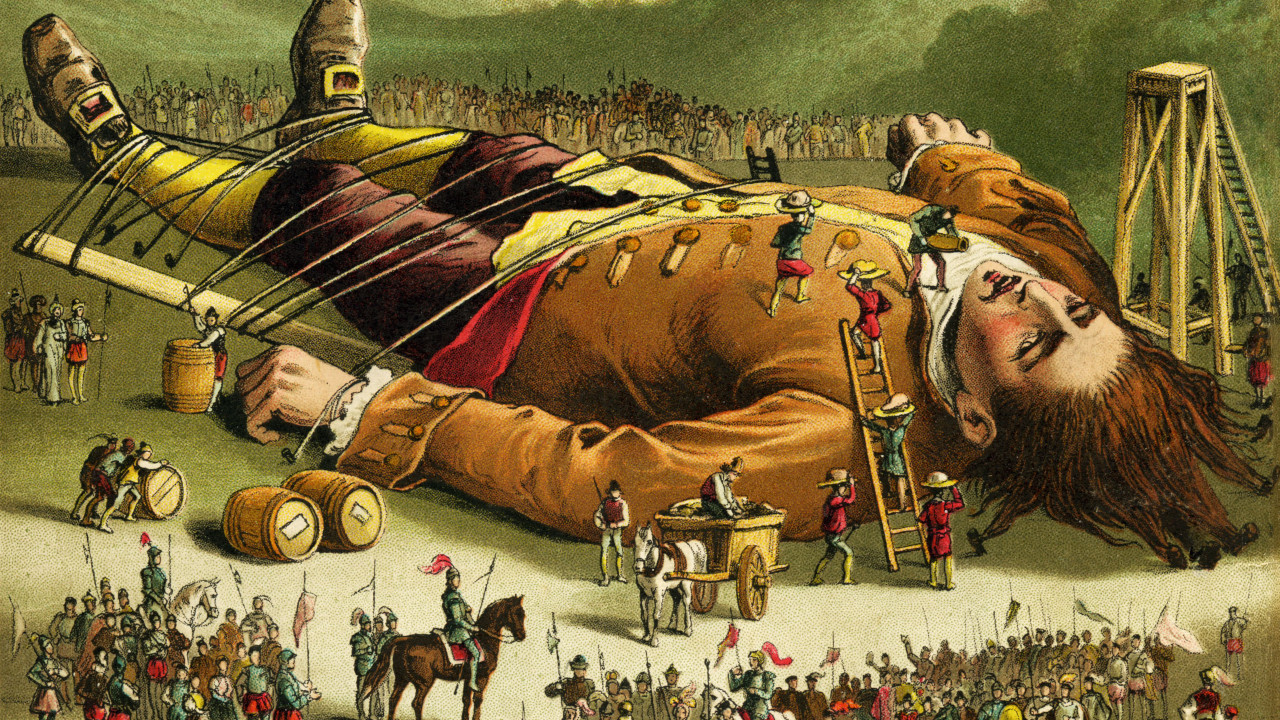 As intrigantes alucinações Liliputianas Gulliver capturado no reino de Liliput