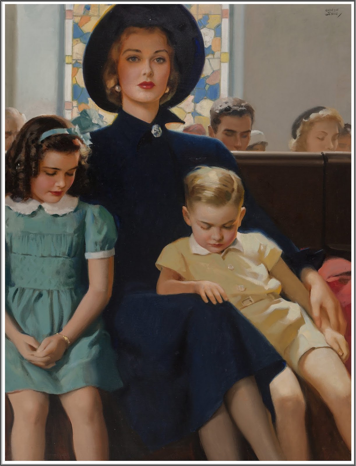 A arte de Andrew Loomis (pega o babador) Mother and Children in Church by Andrew Loomis | Arte | Arte, ilustração, ilustradores