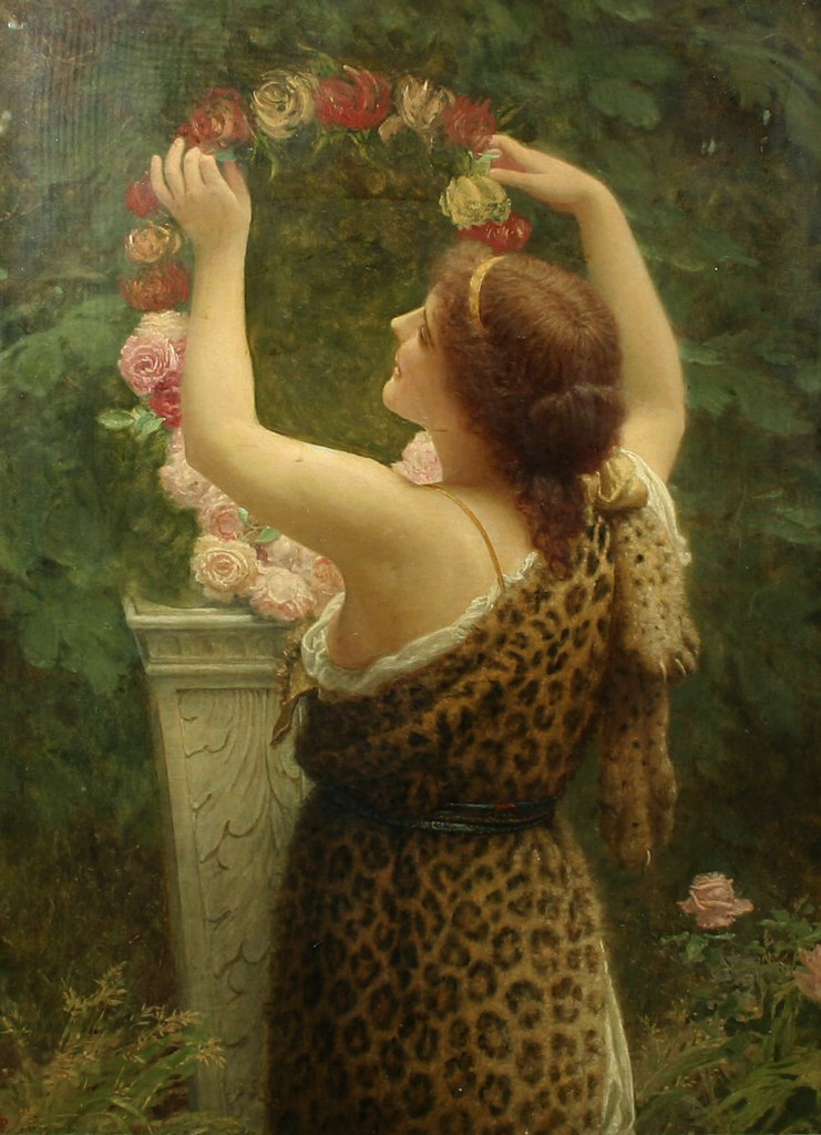 A arte de Charles Edward Peruginis Woman With A Floral Wreath In A Leopard Dress by Charles Edward Perugini | Arte | Arte, artista, pintura