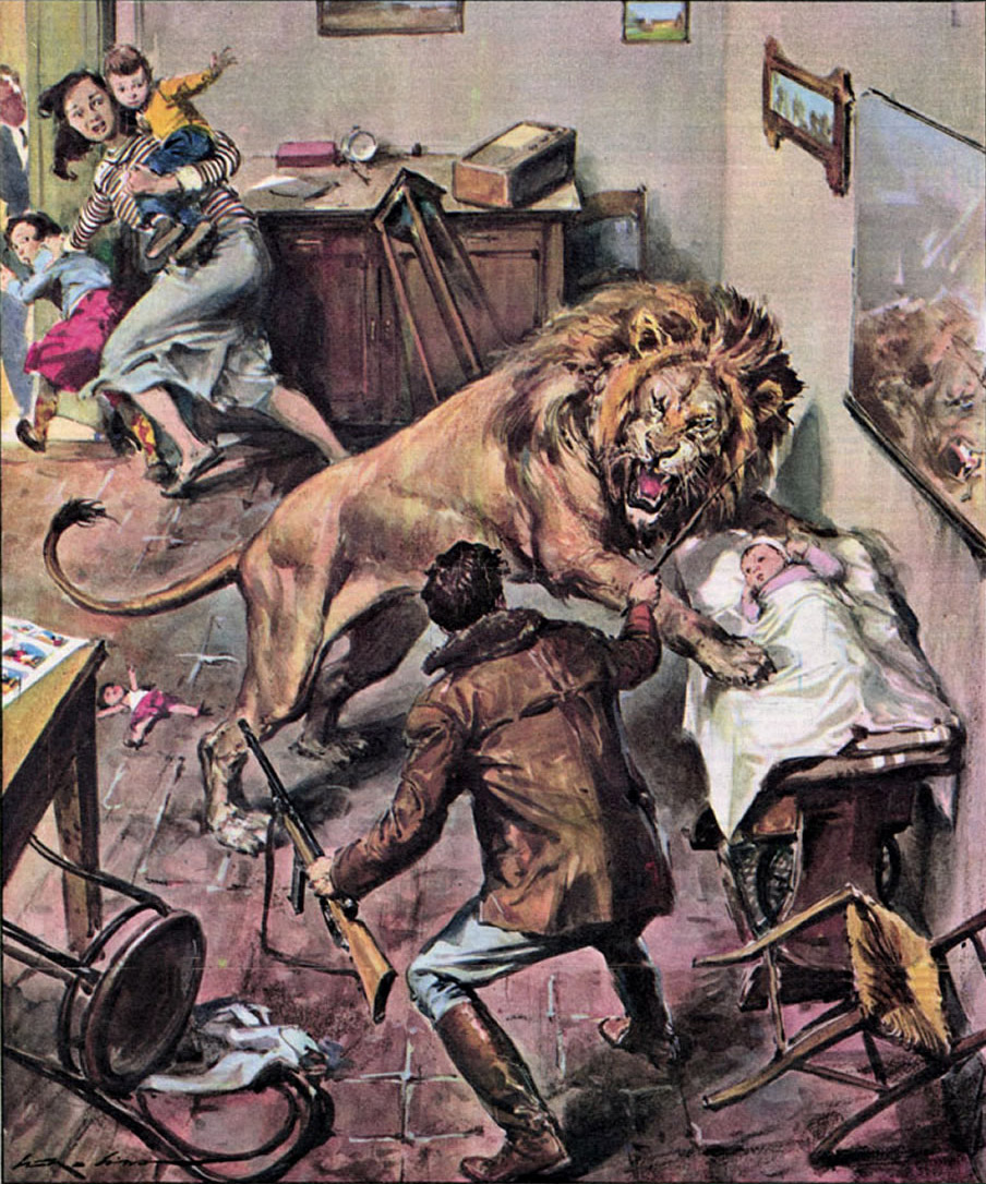 Walter Molino e as 40 capas do Domenica del Corriere onde deu muito ruim lion inside house 1958 | Arte | artista, capa, del correire, domenica, ilustração, ilustrador, italia, molino, walter