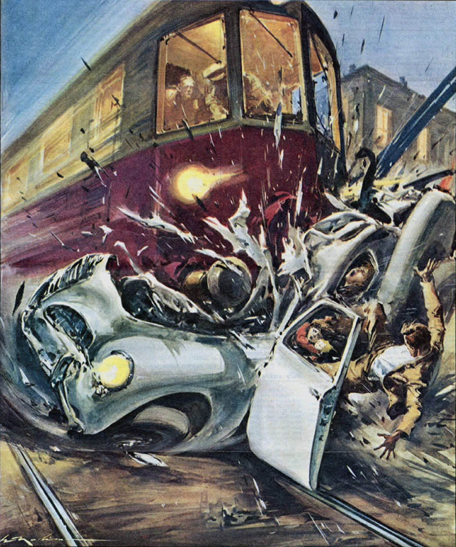 Walter Molino e as 40 capas do Domenica del Corriere onde deu muito ruim train hits car 1958 | Arte | artista, capa, del correire, domenica, ilustração, ilustrador, italia, molino, walter