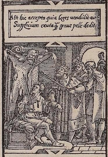 Foto Gump do dia - A pena de Sisamnes Sebald Beham Detail of the Frontispiece of Justinus Goblers Der Gerichtlich Prozes The Judgement of Cambyses | Arte | Arte, curiosidades, juiz, justiça, pintura, rei, rubens