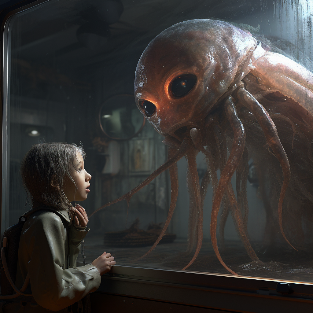 philipe3d little girl with pijamas face to face with squid like 120c24a0 cb38 4c7d 97c0 f06f52d177a2 | Polêmica | abdução, alien, cruaturas, mistério, polêmica