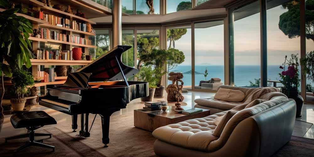 piano piano numa linda biblioteca com vista para o mar