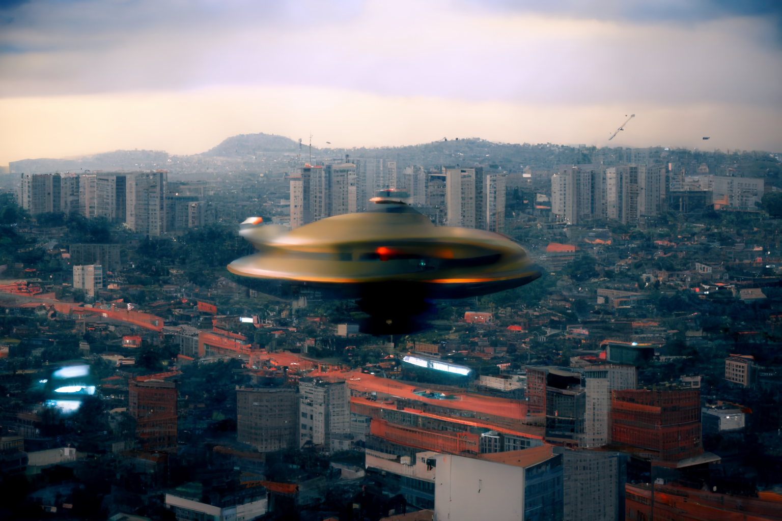 UFO theme artworks philipe3d metallic ufo little blurry floats over city realistic 49e60fb4 b72e 4194 9ecd aea91f220cc2 1 | Arte | alien, art, Arte, design, illustration, ufo