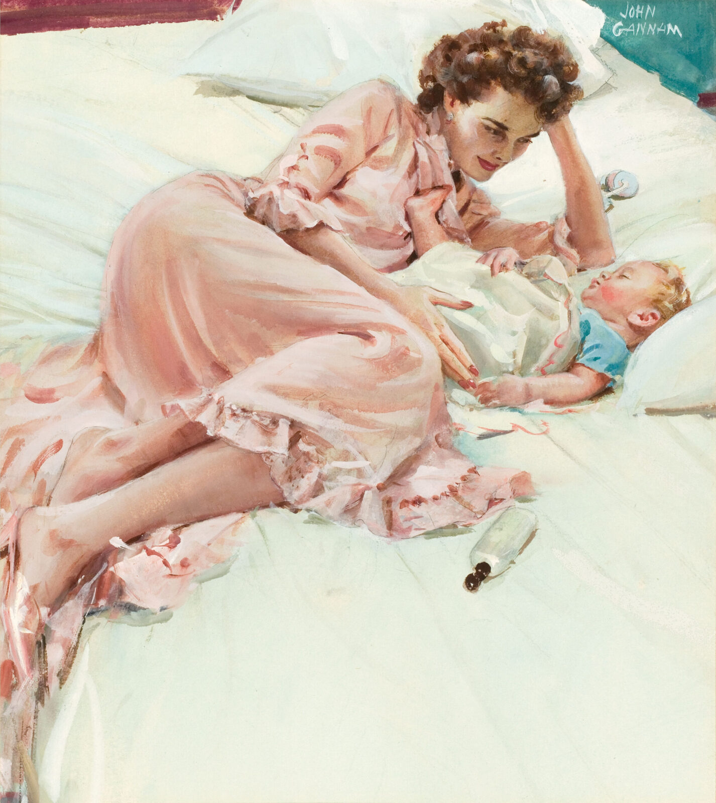 A arte de John Gannam 1319297257 www.nevsepic.com .ua mother and child pacific sheets ad illustration c. 1945 scaled | Arte | aquarela, Arte, artista, ilustrador, john gannam