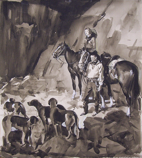 A arte de John Gannam 1319297304 western couple and dogs paused | Arte | aquarela, Arte, artista, ilustrador, john gannam