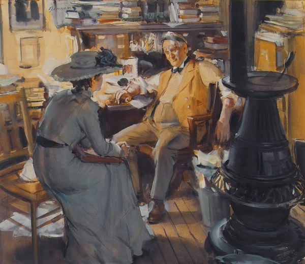 A arte de John Gannam 1319297322 www.nevsepic.com .ua older man at desk and young woman sit near pot bellied stove | Arte | aquarela, Arte, artista, ilustrador, john gannam