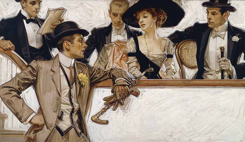 A arte de JC Leyendecker Nesta pintura de Leyendecker de 1907 para camisas sociais Arrow, todos os olhos se voltam para o homem elegante de marrom.