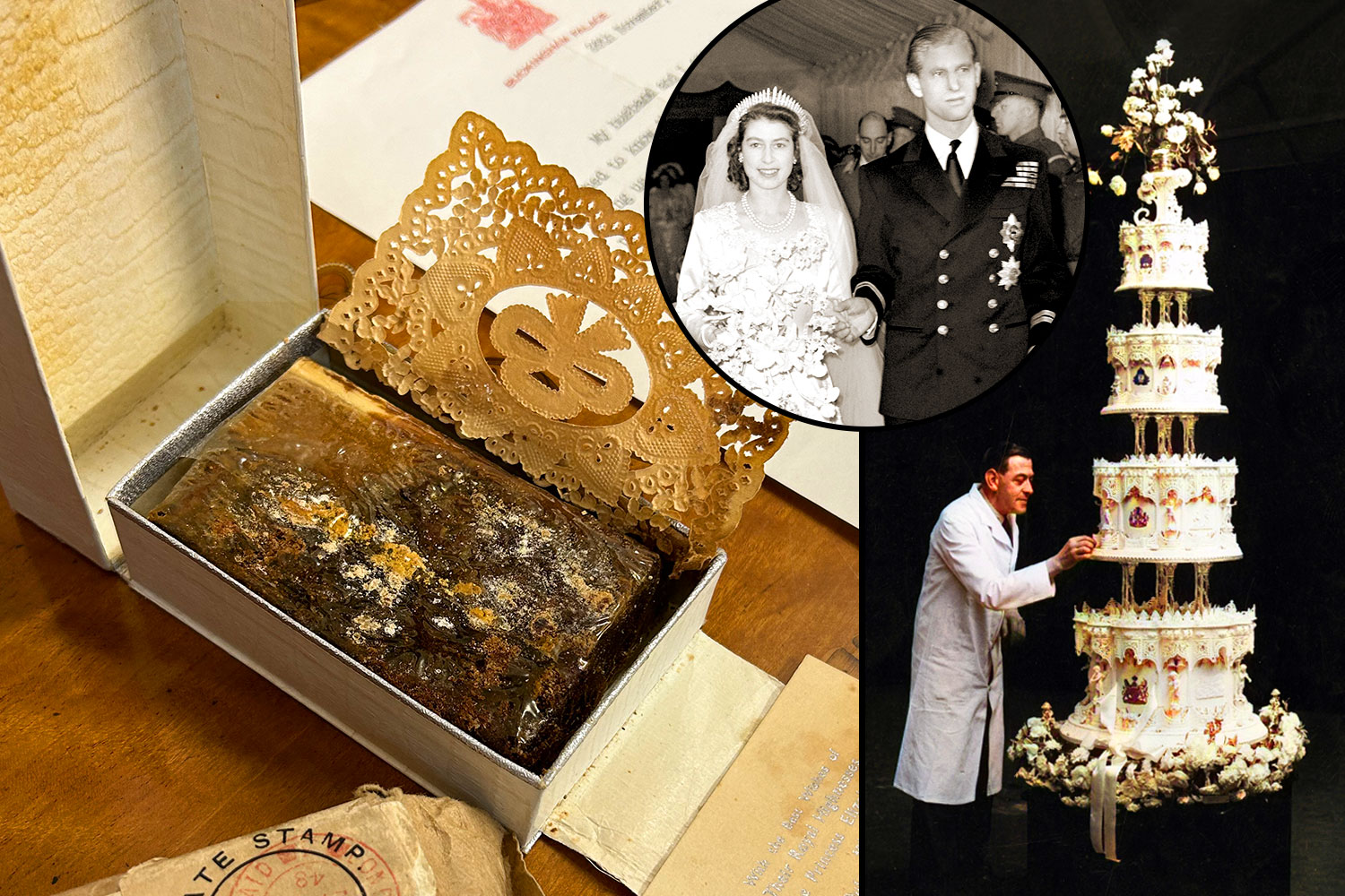 Fatia do Bolo de Casamento da Rainha Elizabeth II Leiloada por US$ 2.800 O bolo de casamento da rainha